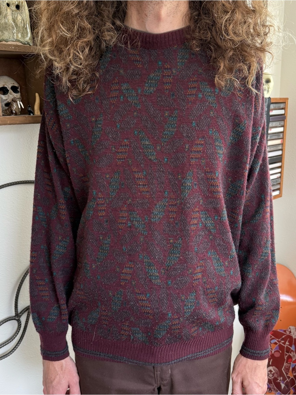 Vintage 80s Wool Blend Abstract Knit Crewneck Sweater ~ Size Large